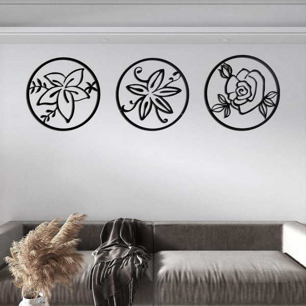 Cinq 3 Piece Set Wall Decor, Floral Hollow Out Abstract Design, Black Round Metal Frame - BM321139