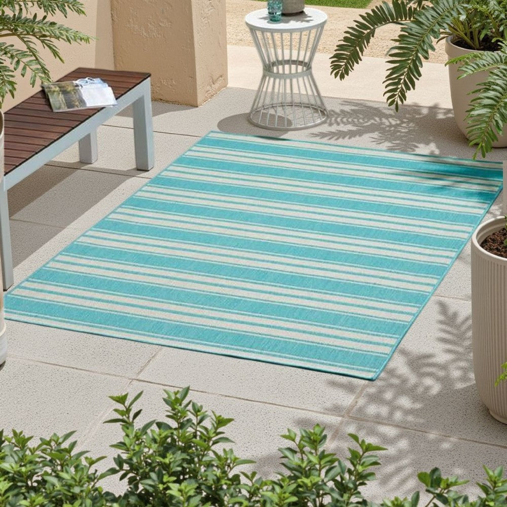 Nina 5 x 7 Area Rug, Teal, Ivory Indoor Outdoor, Handcrafted Stripes -BM321204