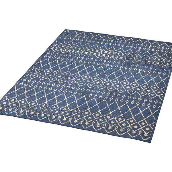 Cynth Area Rug Rectangular 5 x 7, Blue Indoor Outdoor Boho Ivory Pattern -BM321208