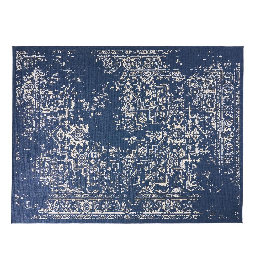 Sima Area Rug, Rectangular 8 x 10, Blue Woven Indoor Outdoor, White Design