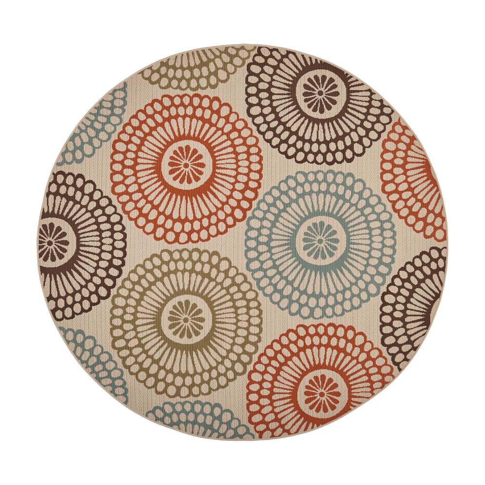 Monis Area Rug, Round 8 x 8, Ivory Indoor Outdoor, Ivory Medallion Pattern