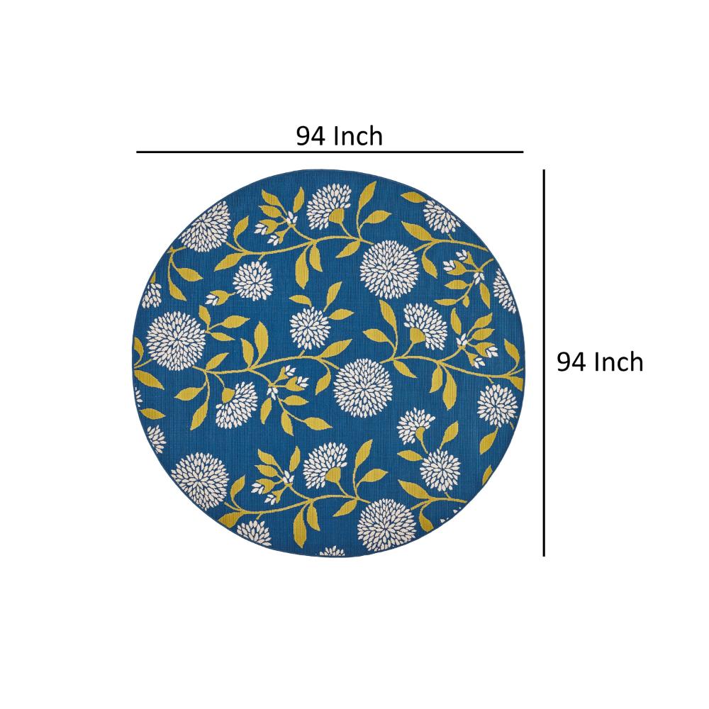 Ira Area Rug, Round 8 x 8, Blue Indoor Outdoor, White, Yellow Floral Design -BM321214