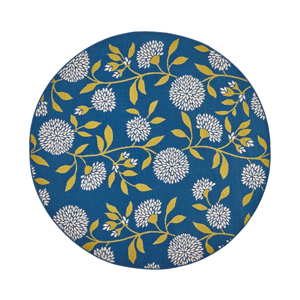 Ira Area Rug, Round 8 x 8, Blue Indoor Outdoor, White, Yellow Floral Design