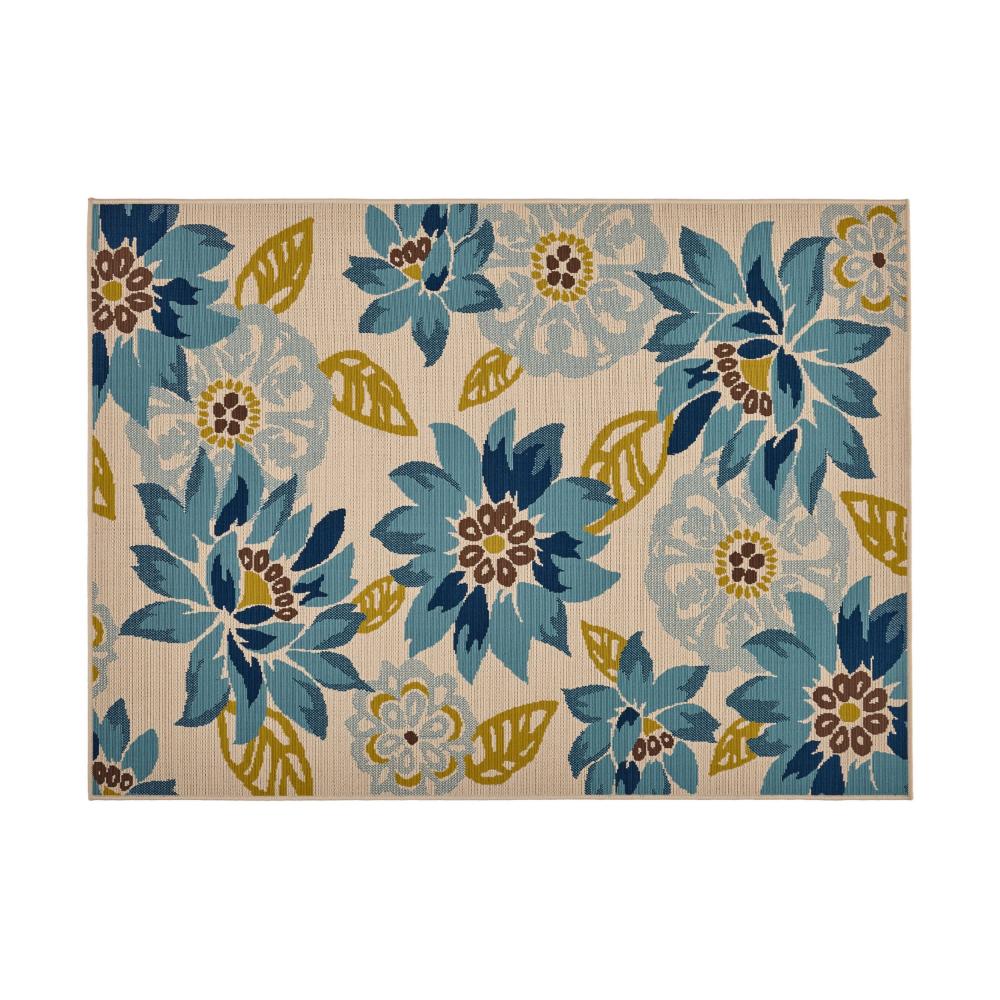 Ira Area Rug, Rectangular 5 x 7, Ivory Indoor Outdoor, Blue Yellow Floral