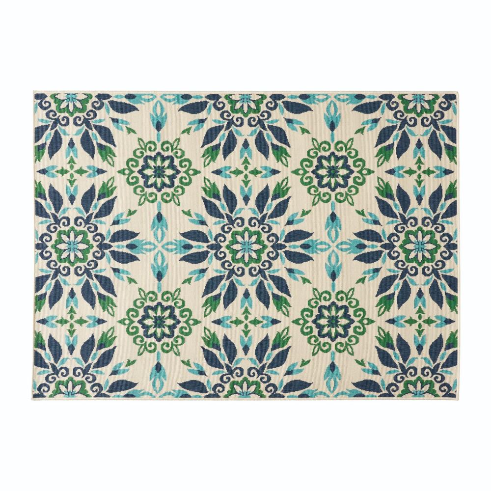 Dian Area Rug, 5 x 7 Ivory and Blue Indoor Outdoor, Medallion Pattern