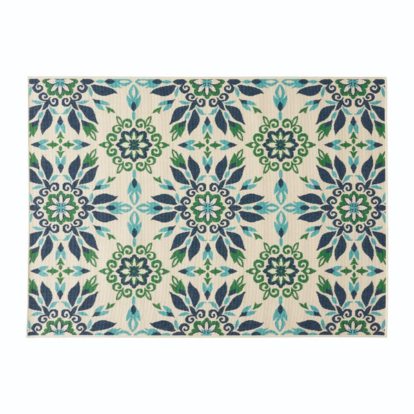Dian Area Rug, 5 x 7 Ivory and Blue Indoor Outdoor, Medallion Pattern