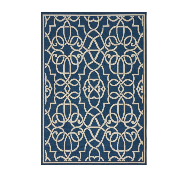 Dian Area Rug 5 x 8, Dark Blue, Ivory Indoor Outdoor, Argyle and Trellis
