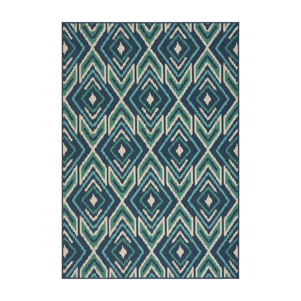 Dian 5 x 8 Area Rug, Navy Blue Indoor Outdoor, Ikat and Checkered Design