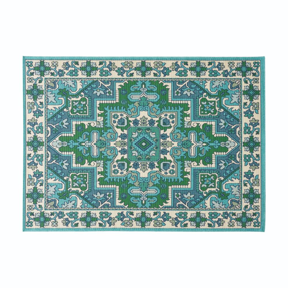 Dian Area Rug, 5 x 7, Ivory and Blue Indoor Outdoor, Medallion Design
