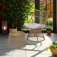 Laine 2 Piece Side Table and Chair Set, Light Brown Outdoor Faux Rattan -BM321252