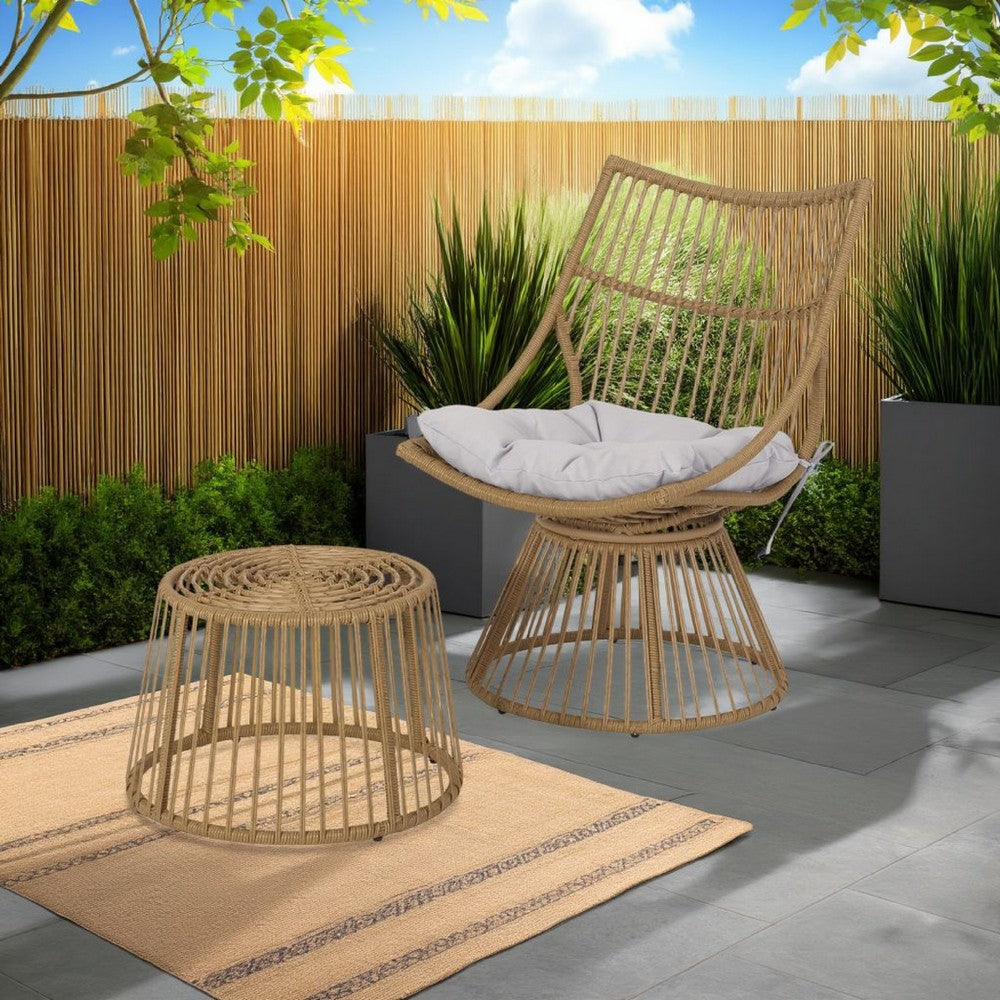 Laine 2 Piece Side Table and Chair Set, Light Brown Outdoor Faux Rattan -BM321252