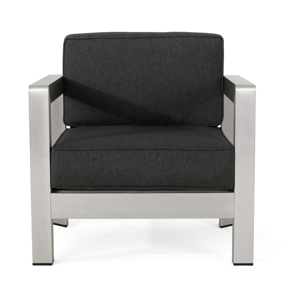 Kisa Accent Chair, Black Fabric Soft Cushions, Outdoor Silver Aluminium