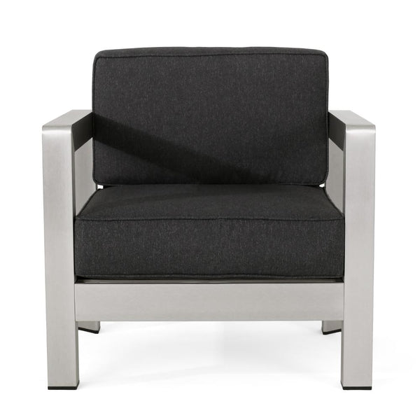Kisa Accent Chair, Black Fabric Soft Cushions, Outdoor Silver Aluminium