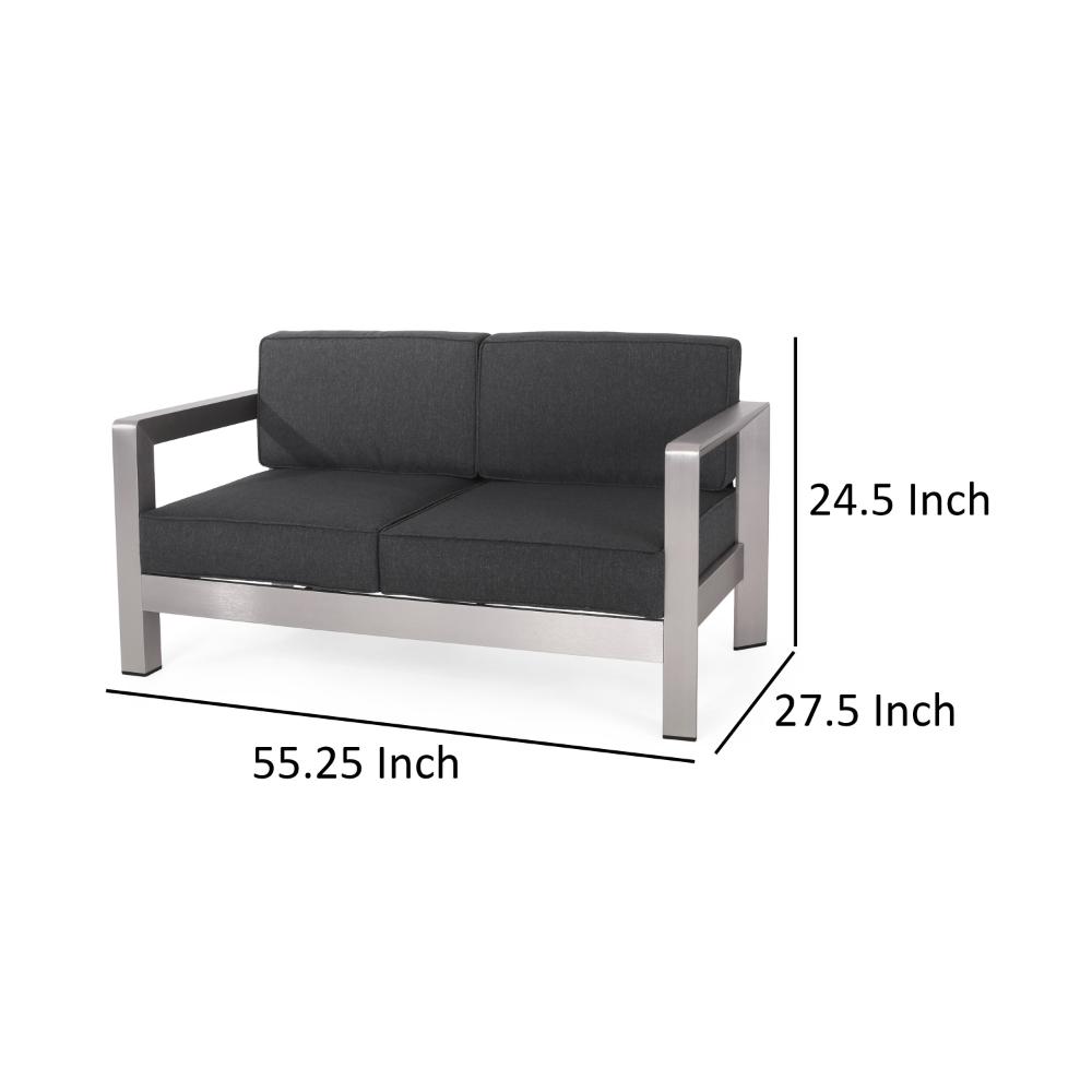 Kisa Loveseat, Black, Soft Cushions, Outdoor Silver Aluminium, 55 Inch -BM321255