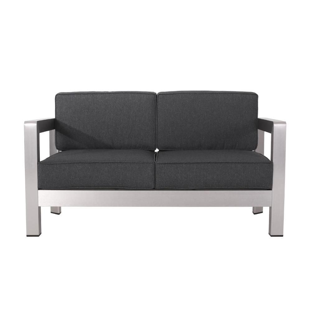 Kisa Loveseat, Black, Soft Cushions, Outdoor Silver Aluminium, 55 Inch