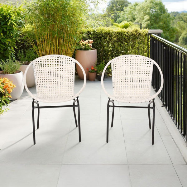 Linca Outdoor Side Chair, Set of 2, White Faux Rattan Seat, Black Iron -BM321257