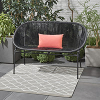 Remma Loveseat, Outdoor Rattan, Basket Woven, Black Iron Frame, 52 Inch -BM321258