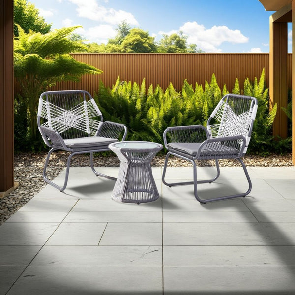 Ciao 3 Piece Outdoor Set, 2 Chairs, 1 Table, Gray Woven Rope and Steel -BM321262