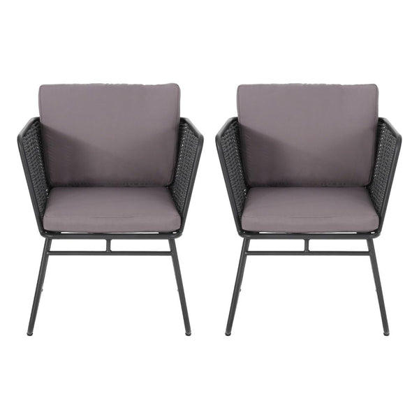 Outdoor Accent Chair Set of 2, Woven Rope, Black Metal and Gray Olefin