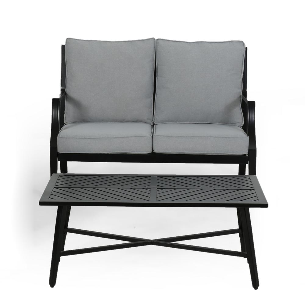 Disa 2pc Outdoor Loveseat and Coffee Table Set, Black Aluminium, Gray
