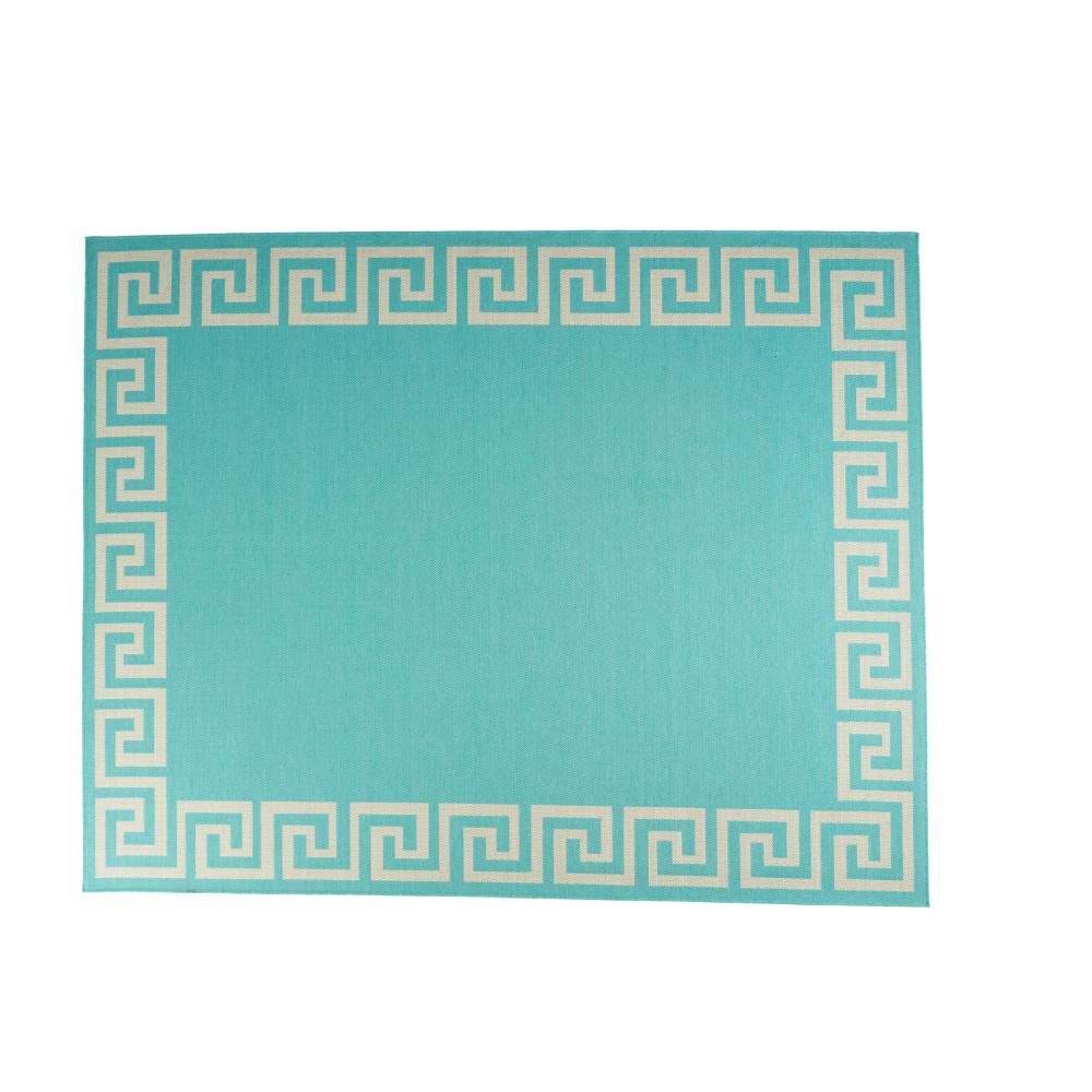 Kiya Area Rug, 8 x 10, Ivory Greek Key Pattern, Teal Blue Indoor Outdoor
