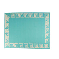 Kiya Area Rug, 8 x 10, Ivory Greek Key Pattern, Teal Blue Indoor Outdoor