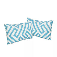 Reem Rectangular Pillow Set of 2, 12 x 19, Blue Greek Key, White Polyester By Casagear Home