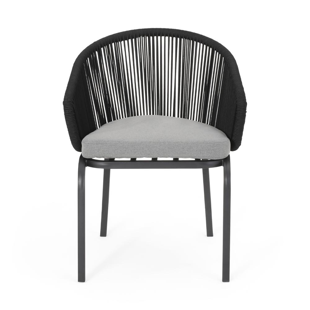 Candy Outdoor Dining Chair Set of 2, Gray Fabric, Black Metal, Woven Rope -BM321315