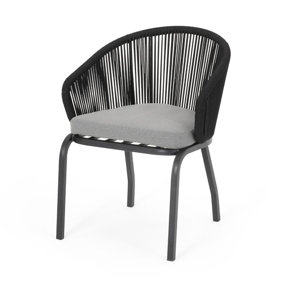 Candy Outdoor Dining Chair Set of 2, Gray Fabric, Black Metal, Woven Rope -BM321315