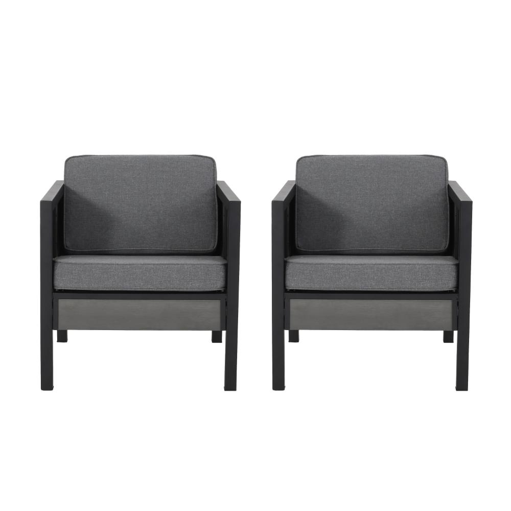 Tomy Outdoor Club Accent Chair Set of 2, Gray Olefin Cushions, Black Iron