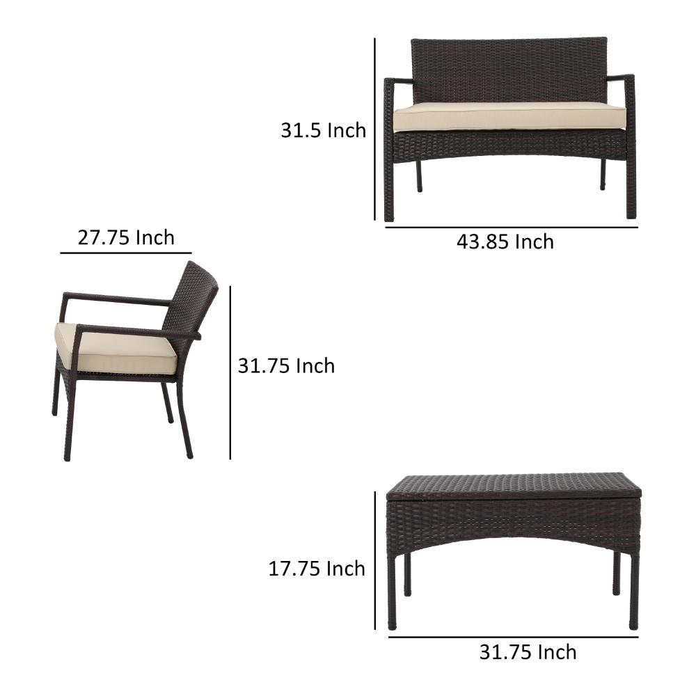 Casie 4pc Outdoor Set, 1 Table 2 Accent Chairs 1 Loveseat, Brown Rattan -BM321321