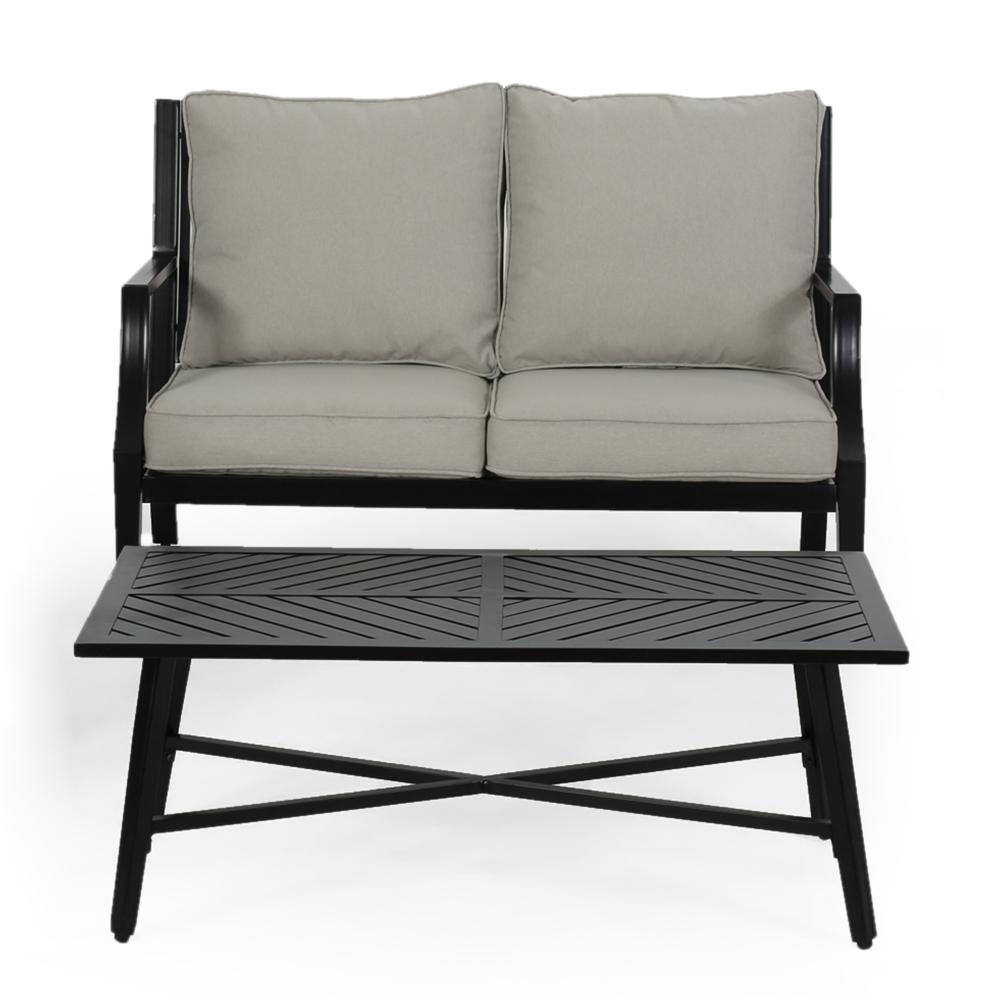 Disa 2pc Loveseat and Coffee Table, Light Beige Cushions, Black Aluminium