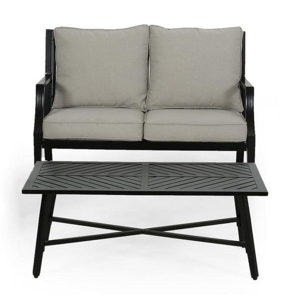Disa 2pc Loveseat and Coffee Table, Light Beige Cushions, Black Aluminium
