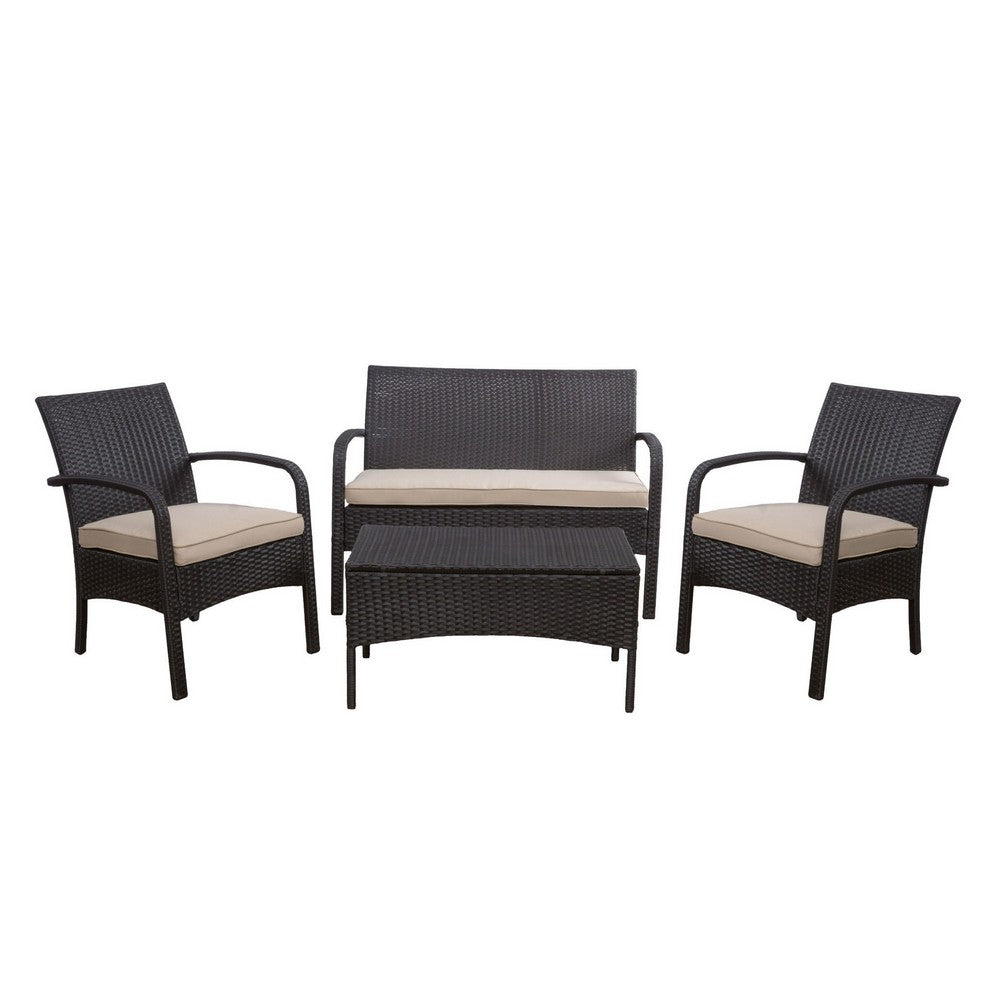 Orry 4pc Outdoor Table Set, 1 Loveseat, 2 Accent Chairs, Tan, Brown Rattan -BM321326