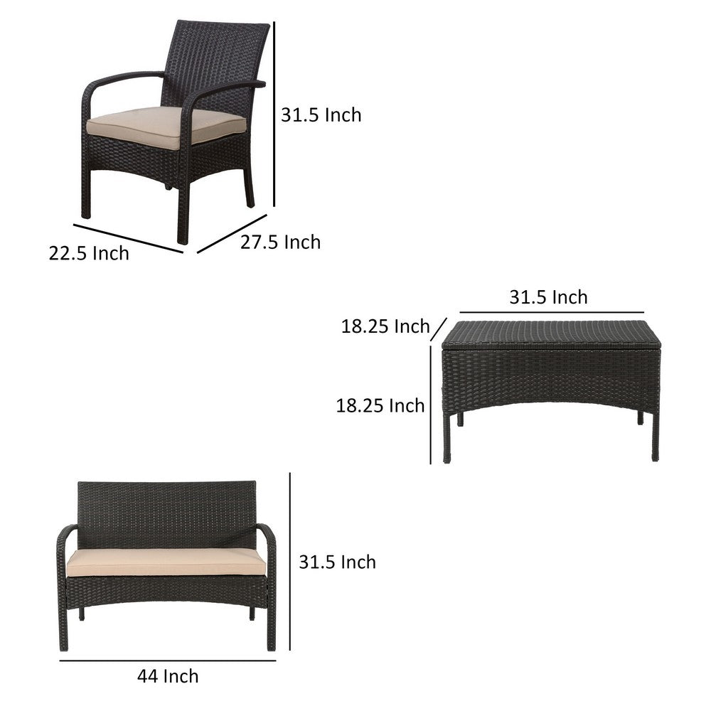 Orry 4pc Outdoor Table Set, 1 Loveseat, 2 Accent Chairs, Tan, Brown Rattan -BM321326