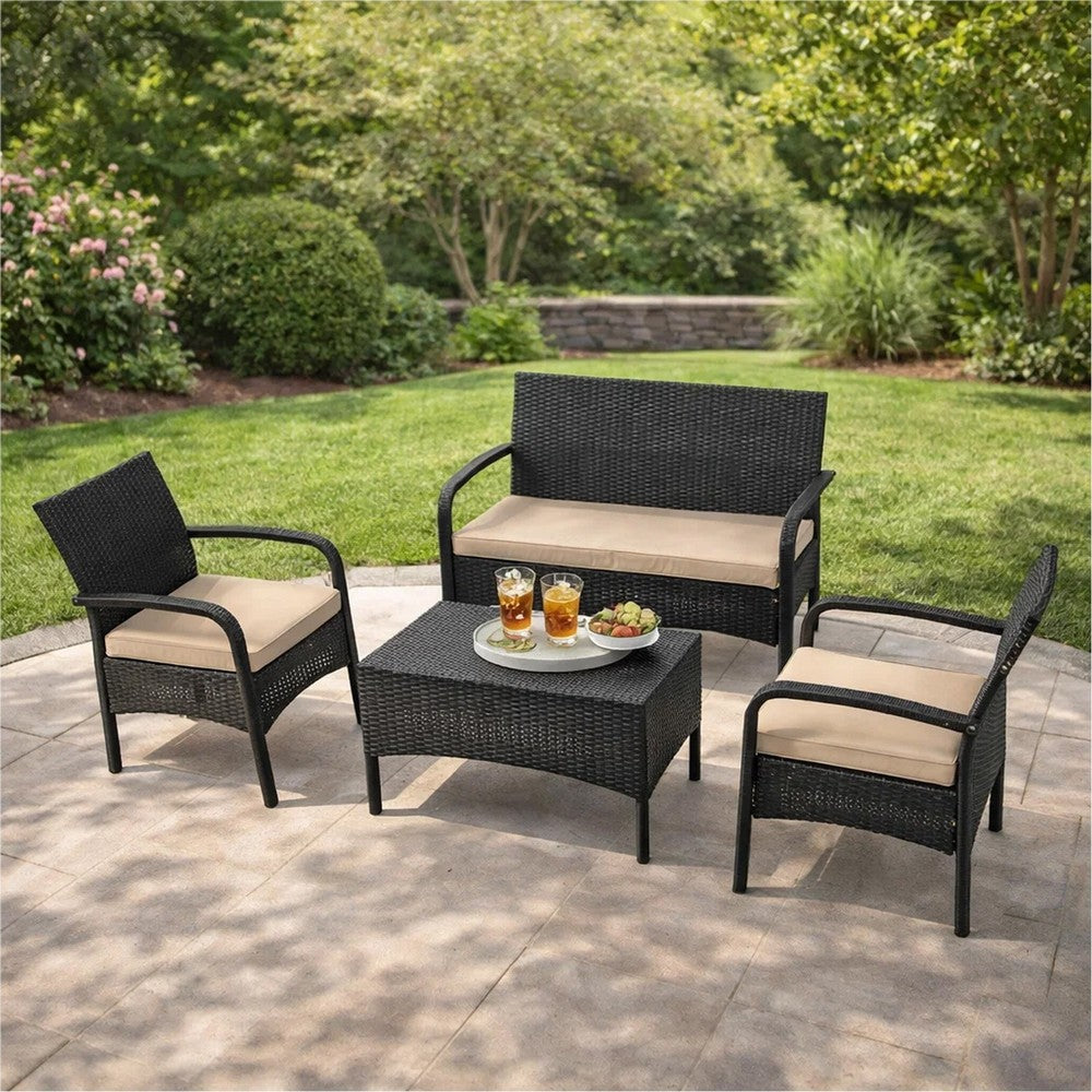 Orry 4pc Outdoor Table Set, 1 Loveseat, 2 Accent Chairs, Tan, Brown Rattan -BM321326