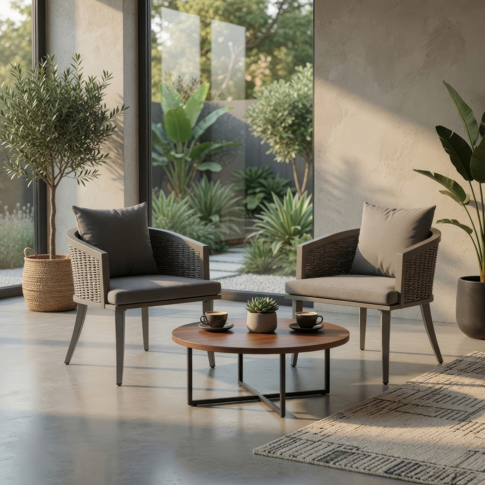 Ruble Accent Chair Set of 2, Gray Waterproof Fabric, Outdoor Rattan, Iron -BM321328