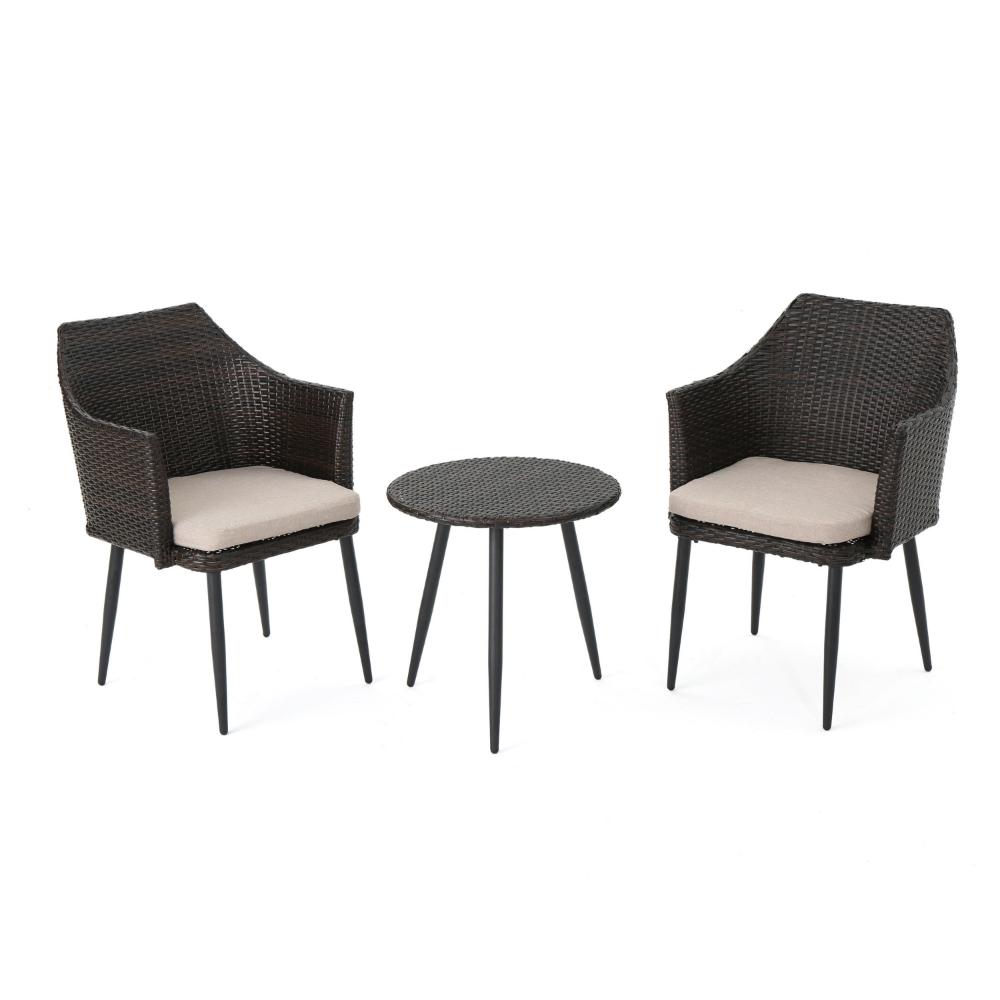 Kenny 3pc Outdoor Accent Chair Set, 1 Table, White, Brown Rattan, Iron -BM321332