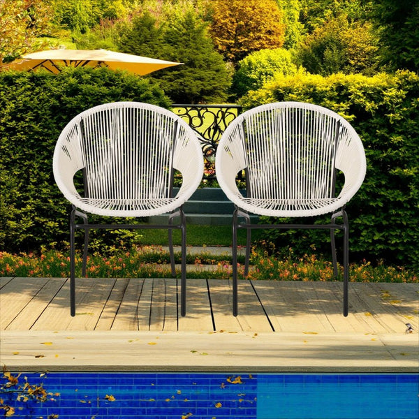 Sanu Outdoor Accent Chair Set of 2, White PE Rattan, Black Iron, Round Back -BM321333
