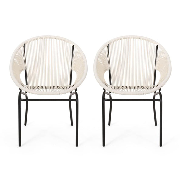 Sanu Outdoor Accent Chair Set of 2, White PE Rattan, Black Iron, Round Back
