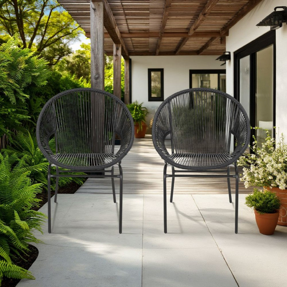 Sanu Outdoor Accent Chair Set of 2, PE Rattan, Black Iron, Round Backrests -BM321334