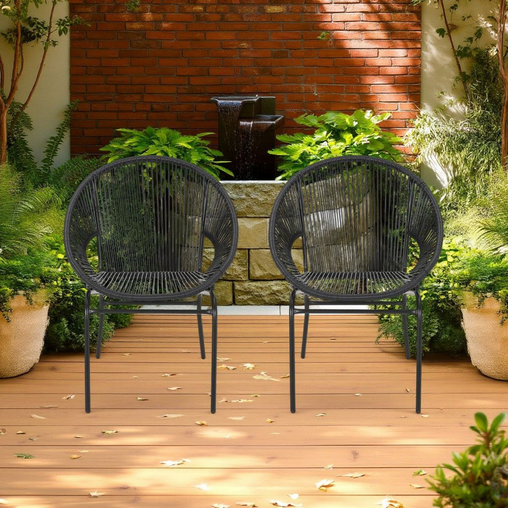 Sanu Outdoor Accent Chair Set of 2, PE Rattan, Black Iron, Round Backrests -BM321334