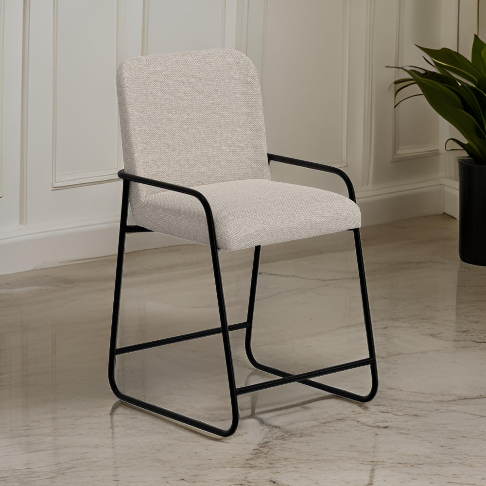 Suze Counter Height Chair, Arched Back, Black Iron, Light Beige Polyester -BM321486