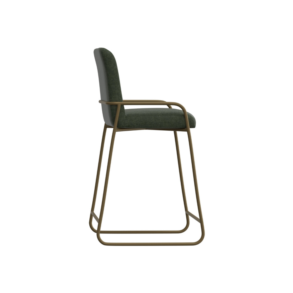 Suze Barstool Chair with Arched Back, Gold Iron, Olive Green Polyester  -BM321490