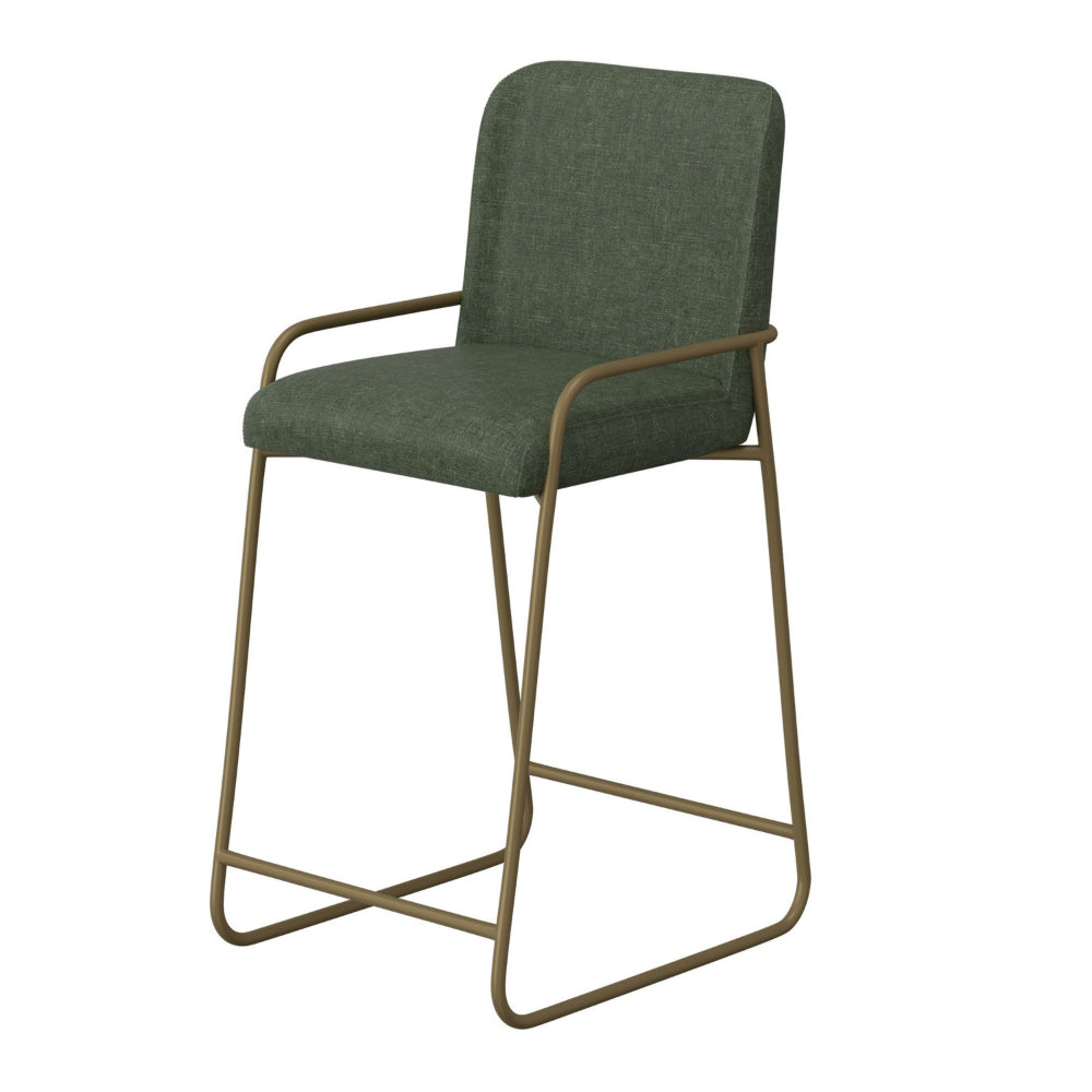 Suze Barstool Chair with Arched Back, Gold Iron, Olive Green Polyester  -BM321490
