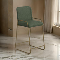 Suze Barstool Chair with Arched Back, Gold Iron, Olive Green Polyester  -BM321490