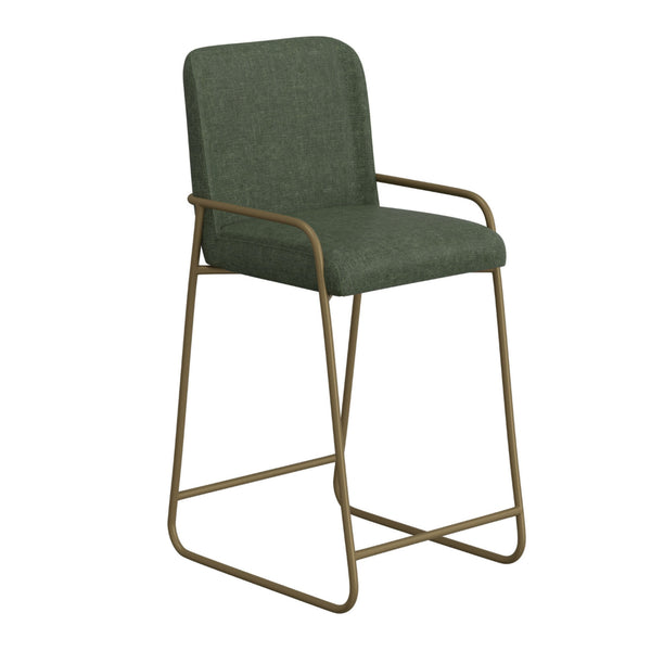 Suze Barstool Chair with Arched Back, Gold Iron, Olive Green Polyester  -BM321490