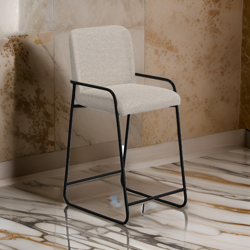 Suze Barstool Chair with Arched Back, Black Iron Frame, Beige Polyester  -BM321492