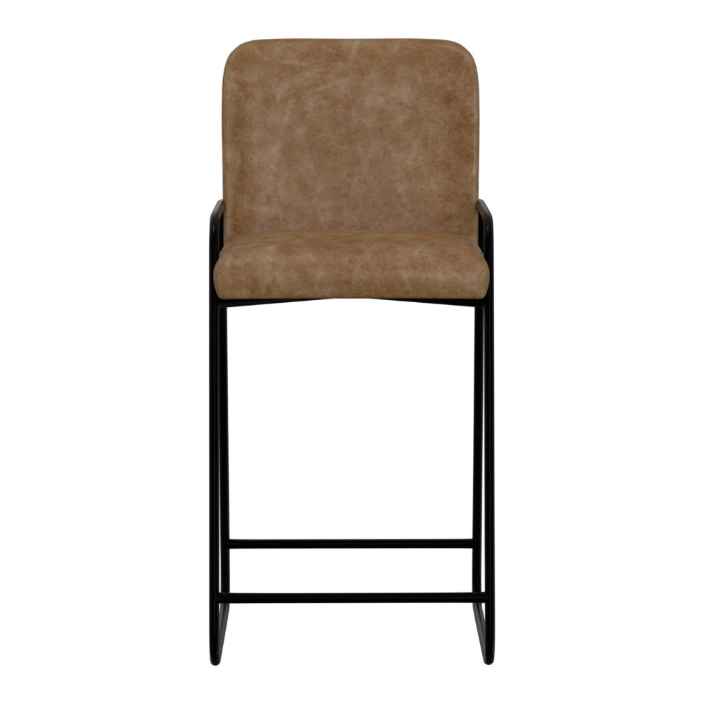 Suze Barstool Chair, Arched Back, Black Iron, Cognac Brown Faux Leather -BM321493