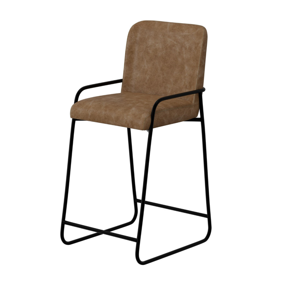 Suze Barstool Chair, Arched Back, Black Iron, Cognac Brown Faux Leather -BM321493
